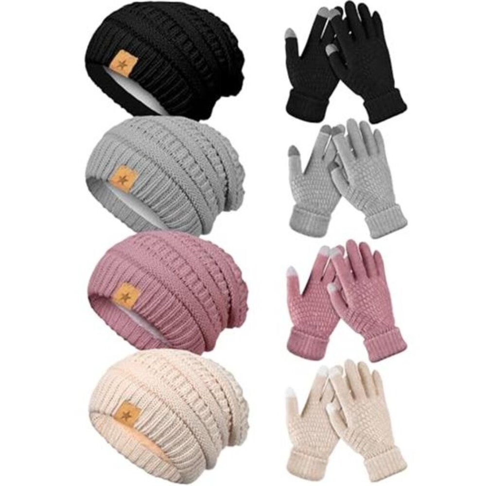 Women Winter Hat and Gloves Set 8 Pieces Warm Touchscreen Knitted Beanies Gloves